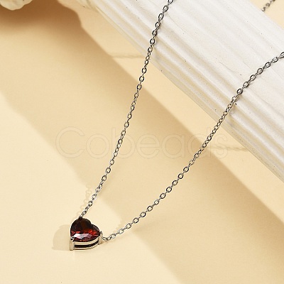 304 Stainless Steel Dark Red Cubic Zirconia Heart Pendant Necklaces for Women NJEW-Z064-04P-1