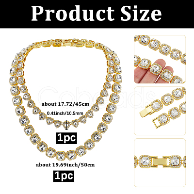 2Pcs 2 Styles Zinc Alloy Pave Square/Heart Clear Glass Tennis Necklaces for Womem NJEW-SP0001-08G-1
