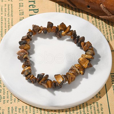Unisex Chip Natural Tiger Eye Beaded Stretch Bracelets BJEW-S143-02-1