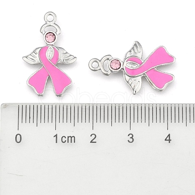 Breast Cancer Awareness Ribbon with Angel Wing Platinum Color Pearl Pink Alloy Rhinestone Enamel Pendants X-ENAM-D001-2-1