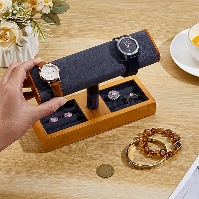 T-Shaped Bar Wood with Velvet Watch Organizer Display Stands with Rectangle Trays for Rings ODIS-PH0009-16A-1