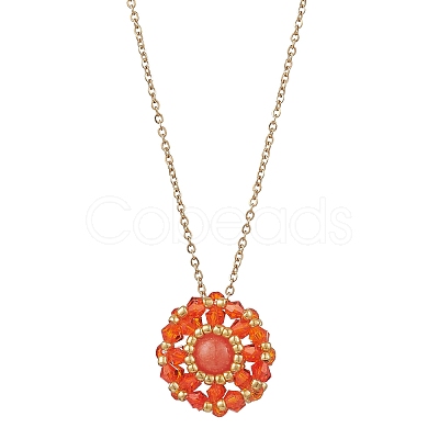 Dyed Natural Mashan Jade & Glass Seed Beaded Flat Round Pendant 304 Stainless Steel Cable Chain Necklaces NJEW-MZ00129-04-1