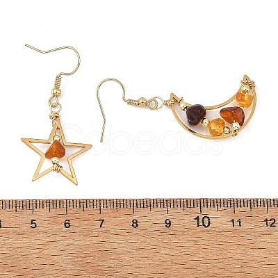 Natural Amber Wire Wrapped Star Moon Dangle Earrings EJEW-JE07532-1