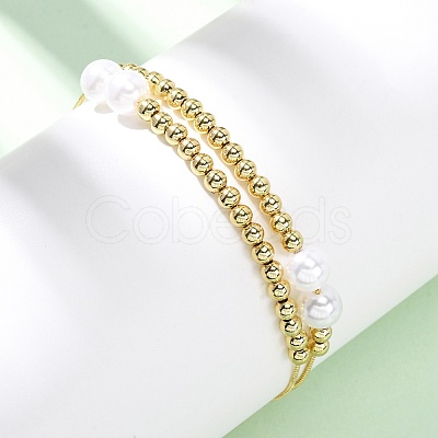 Brass & ABS Imitation Pearl Round Beaded Adjustable Slider Necklaces BJEW-H209-02G-1