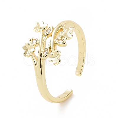 Clear Cubic Zirconia Clover & Leaf Open Cuff Ring RJEW-E072-07G-1