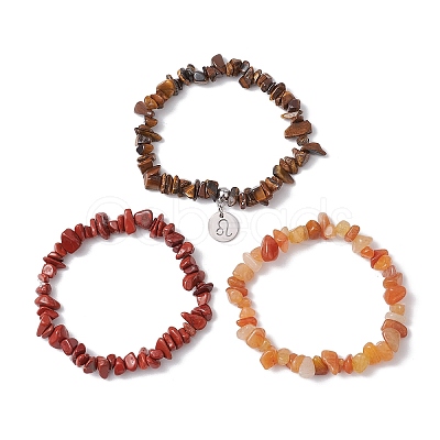 3Pcs 3 Styles Natural Red Aventurine & Red Jasper & Tiger Eye Chips Stretch Bracelets Sets BJEW-JB11076-07-1