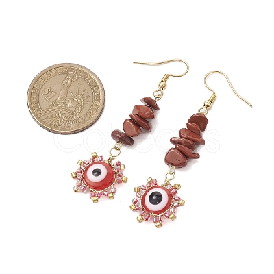 Evil Eye Natural Red Jasper Chip & Seed Beads Dangle Earrings EJEW-MZ00166-03-1