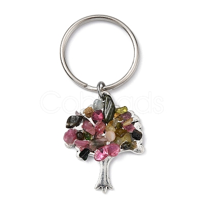 Natural Tourmaline Chip & Alloy Tree of Life Pendant Keychain KEYC-JKC00648-08-1