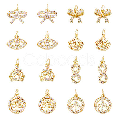 16Pcs 8 Styles Brass Micro Pave Cubic Zirconia Pendants KK-TA0002-30-1