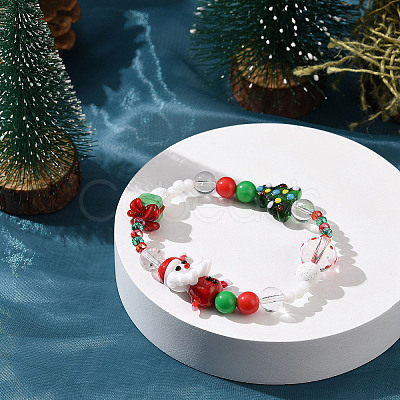 Lampwork & Natural Quartz Crystal & Acrylic Stretch Bracelet X1-BJEW-TA00256-1