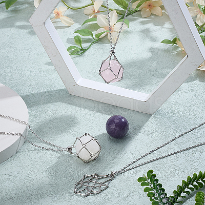 2Pcs Brass Macrame Pouch Natural Lepidolite Round Inside Pendant Necklaces NJEW-PH01595-1