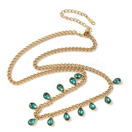 304 Stainless Steel Rhinestone Teardrop Tassel Twisted Chain Necklaces for Women NJEW-V010-01G-02-1