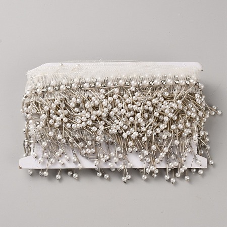 Polyester & Glass Rhinestone & Imitation Pearl Beaded Tassel Ribbon DIY-WH20076-47B-1