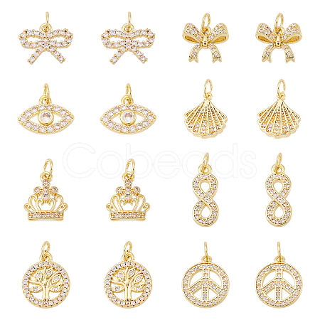 16Pcs 8 Styles Brass Micro Pave Cubic Zirconia Pendants KK-TA0002-30-1
