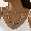 Summer Beach Starfish & Shell Shape Alloy Dark Turquoise Enamel & Rhinestone & Plastic Pearl Bib Necklaces for Women FS-WGF2A9E-01-1