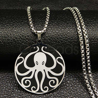 201 Stainless Steel Black Enamel Flat Round with Octopus Pendant Necklaces NJEW-K283-31P-1