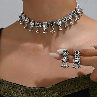 Flat Round & Flower Alloy Rhinestone Pendant Necklace & Stud Dangle Earring Sets FS-WG9BC55-06-1