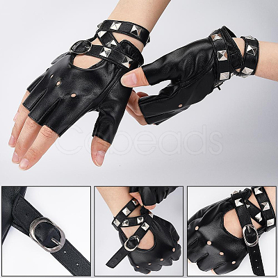 2 Pairs PU Leather Biker Punk Gloves with Belt AJEW-CL0003-02-1