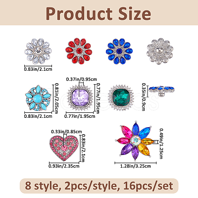 16Pcs 8 Styles Alloy Rhinestone Snap Buttons BUTT-FH0001-034-1