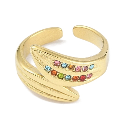 Leaf 304 Stainless Steel Rhinestone Cuff Ring for Women RJEW-C099-03G-02-1