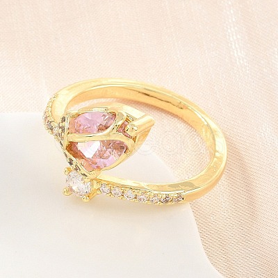 Flower Brass Micro Pave Cubic Zirconia Cuff Open Rings for Women CU-CBA0A21-06A-G-1