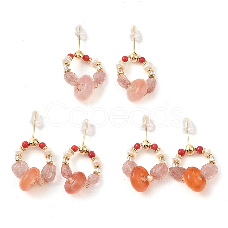 Natural Agate & Strawberry Quartz & Synthetic Coral Dangle Earrings EJEW-L286-15G-1