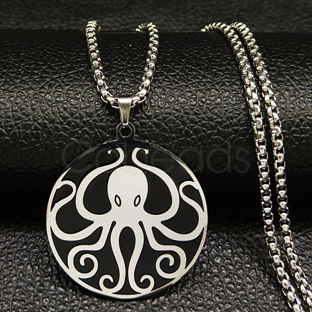 201 Stainless Steel Black Enamel Flat Round with Octopus Pendant Necklaces NJEW-K283-31P-1