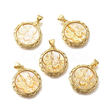 Brass with Natural Shell Carved Pendants KK-Z091-07G-03-1