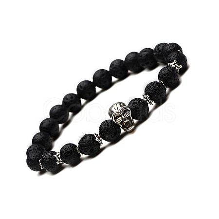 Natural Lava Rock & Alloy Skull Beaded Stretch Bracelet PW-WG4BC25-01-1