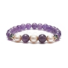 Natural Gemstone & Pearl & Brass Flower Beaded Stretch Bracelet for Women BJEW-JB09010-4