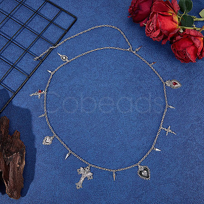 1Pc Gothic Theme Alloy Heart Cross Rose Flower Rivet Pendant Waist Belly Chains NJEW-BM0001-06-1