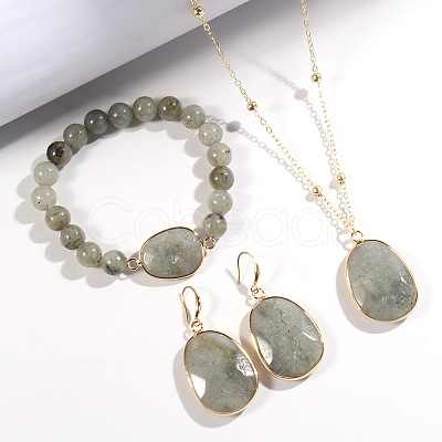 Oval Alloy with Natural Labradorite Pendant Necklaces & Beaded Bracelets & Dangle Earrings Sets WGD3DFC-03-1