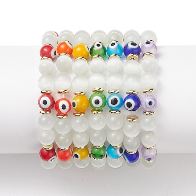 7Pcs 7 Color Cat Eye & Lampwork Evil Eye Round Beaded Stretch Bracelets BJEW-JB08880-1
