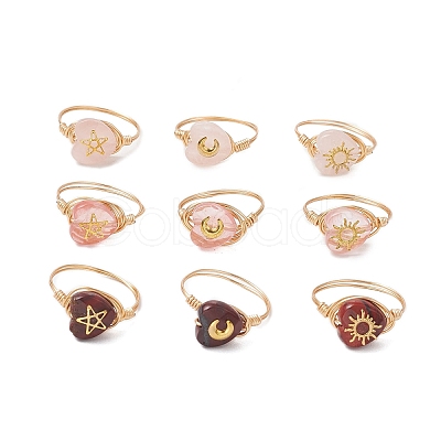 Brass & Cherry Quartz Rose Quartz Natural Red Rainbow Jasper Finger Rings for Women RJEW-JR00872-1