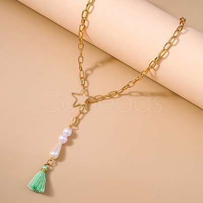 Star Alloy Cable Chain with Plastic Pearl Bead Aquamarine Tassel Waist Belly Chains FS-WG4037F-01-1