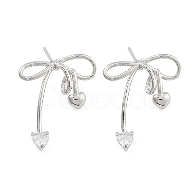 Heart Bowknot Brass Pave Clear Cubic Zirconia Stud Earrings for Women EJEW-S216-02A-P-1