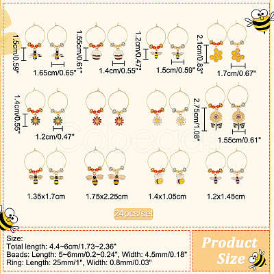 24Pcs 12 Style Alloy Enamel with Rhinestone Pendant & Brass Ring Wine Glass Charms AJEW-AB00054-1