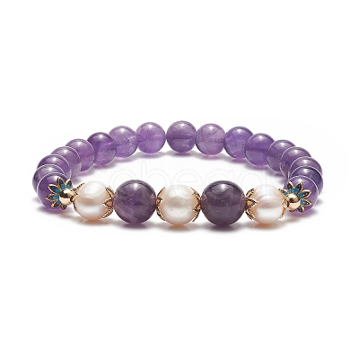 Natural Gemstone & Pearl & Brass Flower Beaded Stretch Bracelet for Women BJEW-JB09010-1