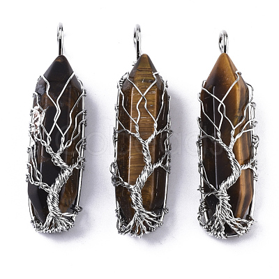 Natural Tiger Eye Big Wire Wrapped Pointed Pendants G-T133-P02B-1