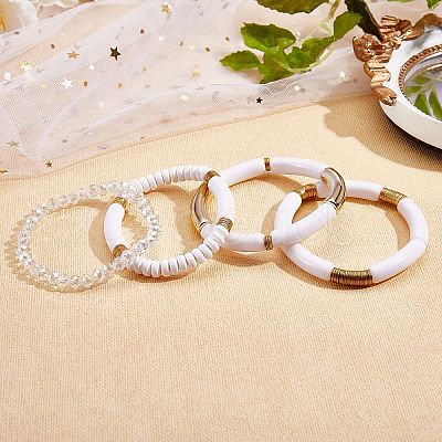 4Pcs 4 Style Acrylic Chunky Curved Tube Stretch Bracelet Sets BJEW-SW00074-06-1