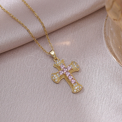 304 Stainless Steel Micro Pave Cubic Zirconia Religion Cross Pendant 304 Stainless Steel Cable Chain Necklaces WG8E2CC-02-1