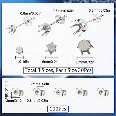 SUNNYCLUE 90Pcs 3 Size 304 Stainless Steel Post Stud Earring Settings STAS-SC0004-85-1