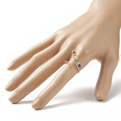 Natural Mixed Gemstone Braided Beaded Chakra Open Cuff Ring RJEW-JR00548-1