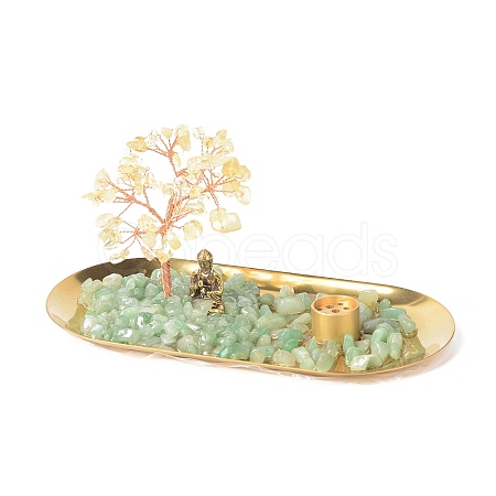 Natural Yellow Quartz Money Tree Buddha Sculpture Set Incense Burner & Natural Green Aventurine on Trays for Wealth DJEW-G027-19RG-07-1