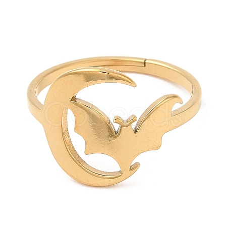 Ion Plating(IP) 304 Stainless Steel Moon with Bat Adjustable Ring for Women RJEW-M149-04G-1