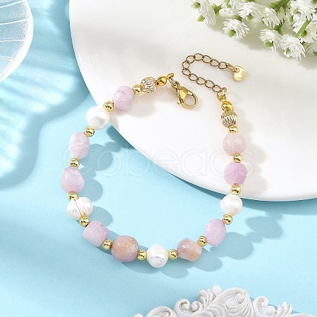 Natural Kunzite Nuggets and Potato Natural Cultured Freshwater Pearl Beaded Bracelets BJEW-JB14388-1