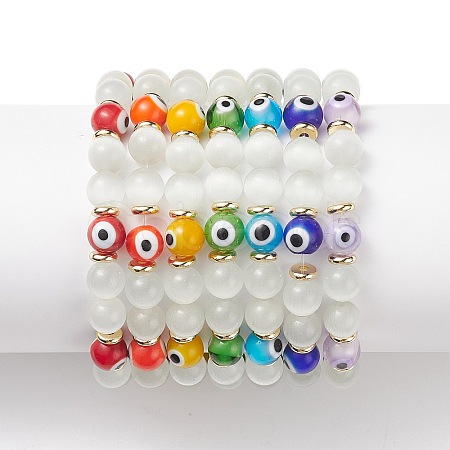 7Pcs 7 Color Cat Eye & Lampwork Evil Eye Round Beaded Stretch Bracelets BJEW-JB08880-1