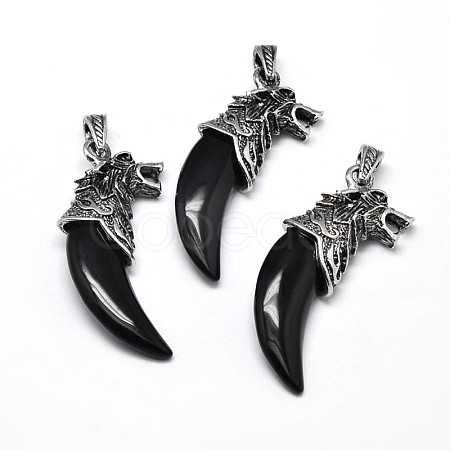 Tusk Shape with Wolf Antique Silver Zinc Alloy Natural Obsidian Big Pendants G-F228-63B-FF-1