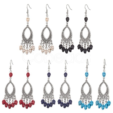 Halloween Skull Dyed Synthetic Turquoise & Alloy Dangle Earrings EJEW-JE05890-1