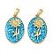 Rack Plating Brass Pendants, with Synthetic Opal, Long-Lasting Plated, Lead Free & Cadmium Free, Real 18K Gold Plated, Oval with Chrysanthemum, Deep Sky Blue, 25.5x16x4.5mm, Hole: 5.5x3mm